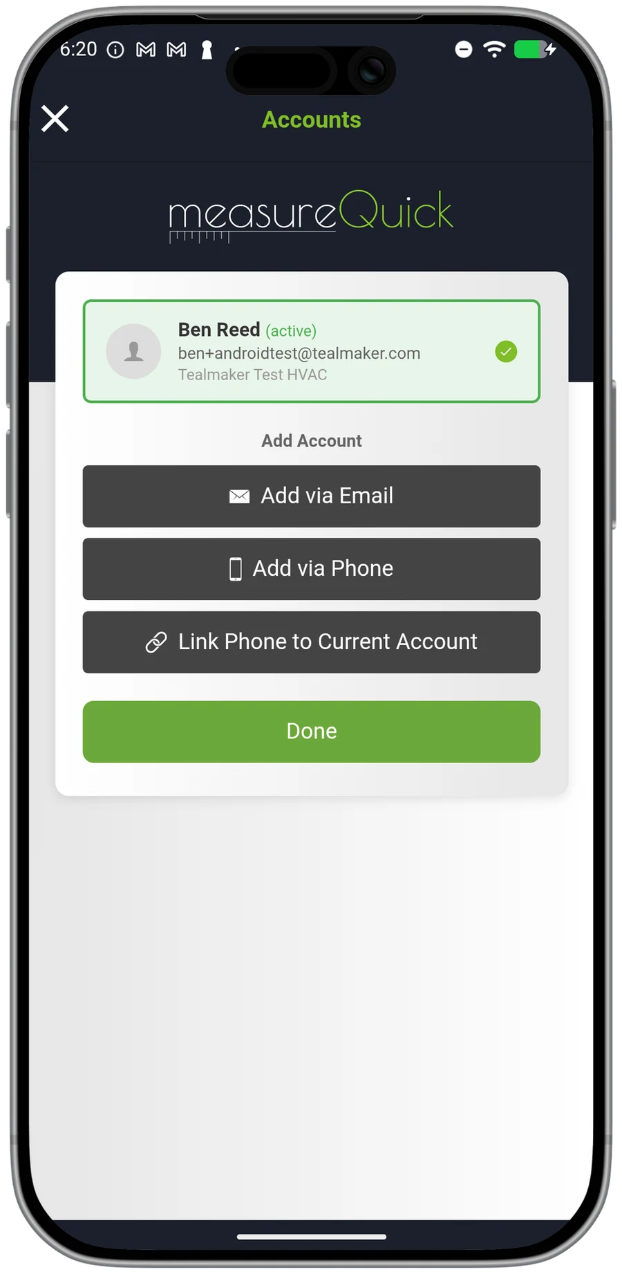 measureQuick's Accounts screen managing multiple company accounts, with add-via-email, add-via-phone, and account linking.