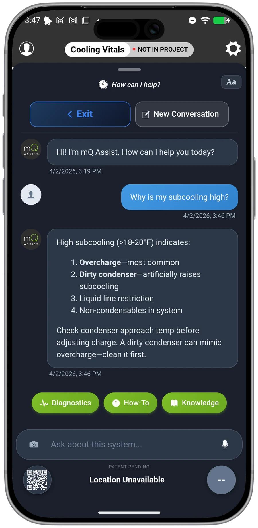 mQ Assist answering a subcooling question with likely causes and what to check next — the technician makes the final call.