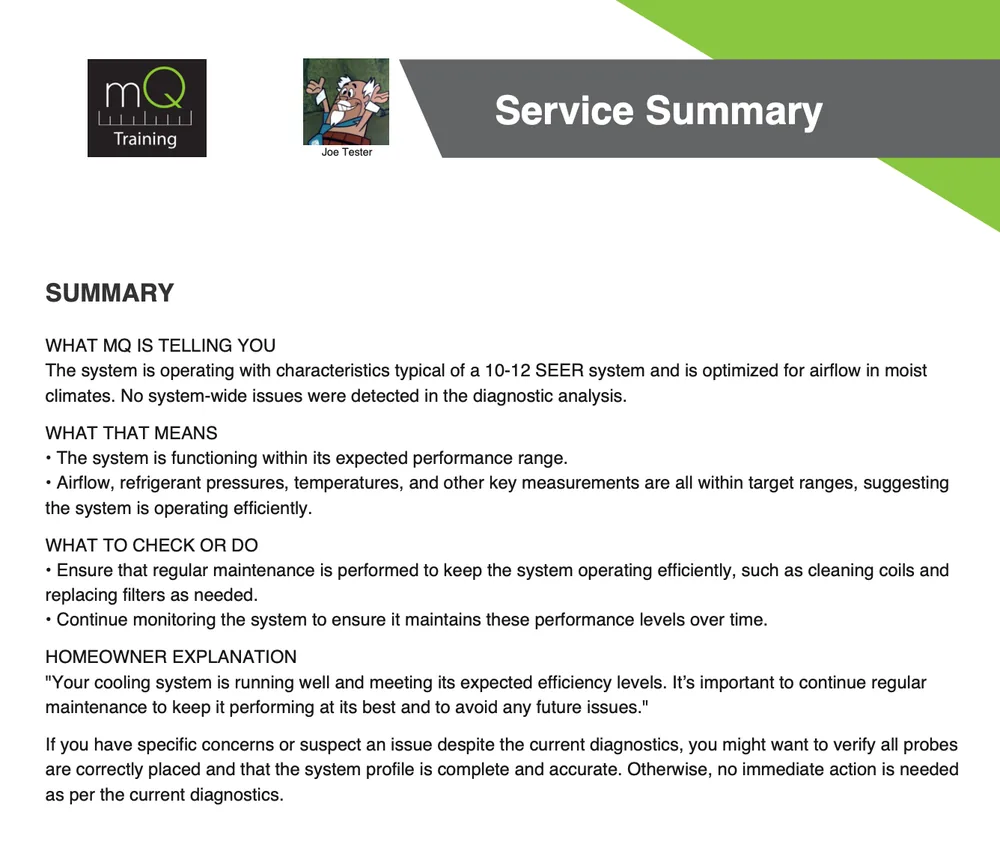 measureQuick AI Assist Service Summary explaining what the system is telling you, what it means, and what to check, in plain language