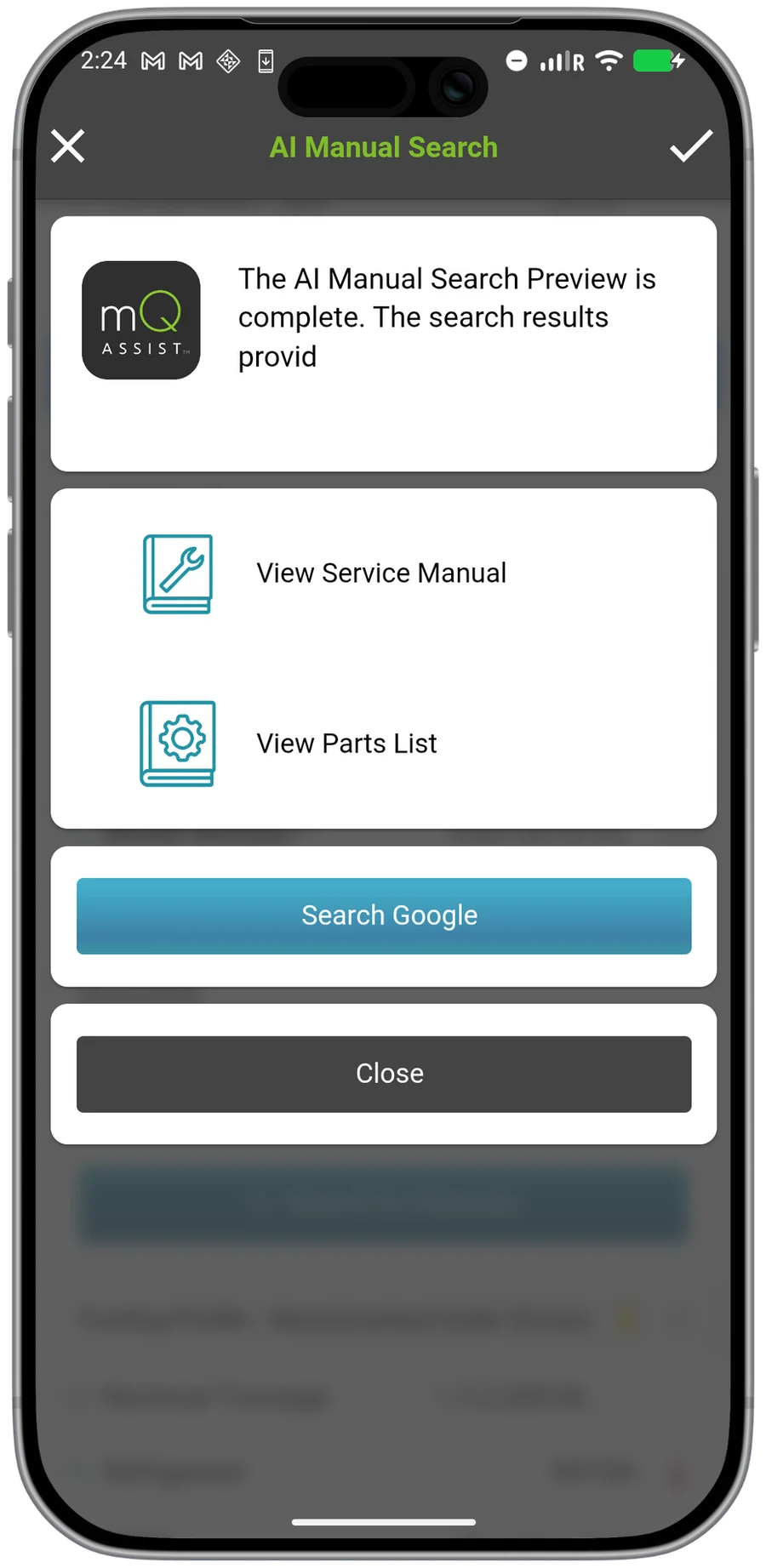 measureQuick's AI Manual Search result for the identified condenser, listing the service manual and parts list it found.