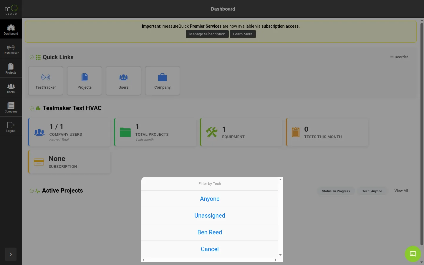 measureQuick cloud dashboard filtered by technician, with company projects, equipment, and active-project status.