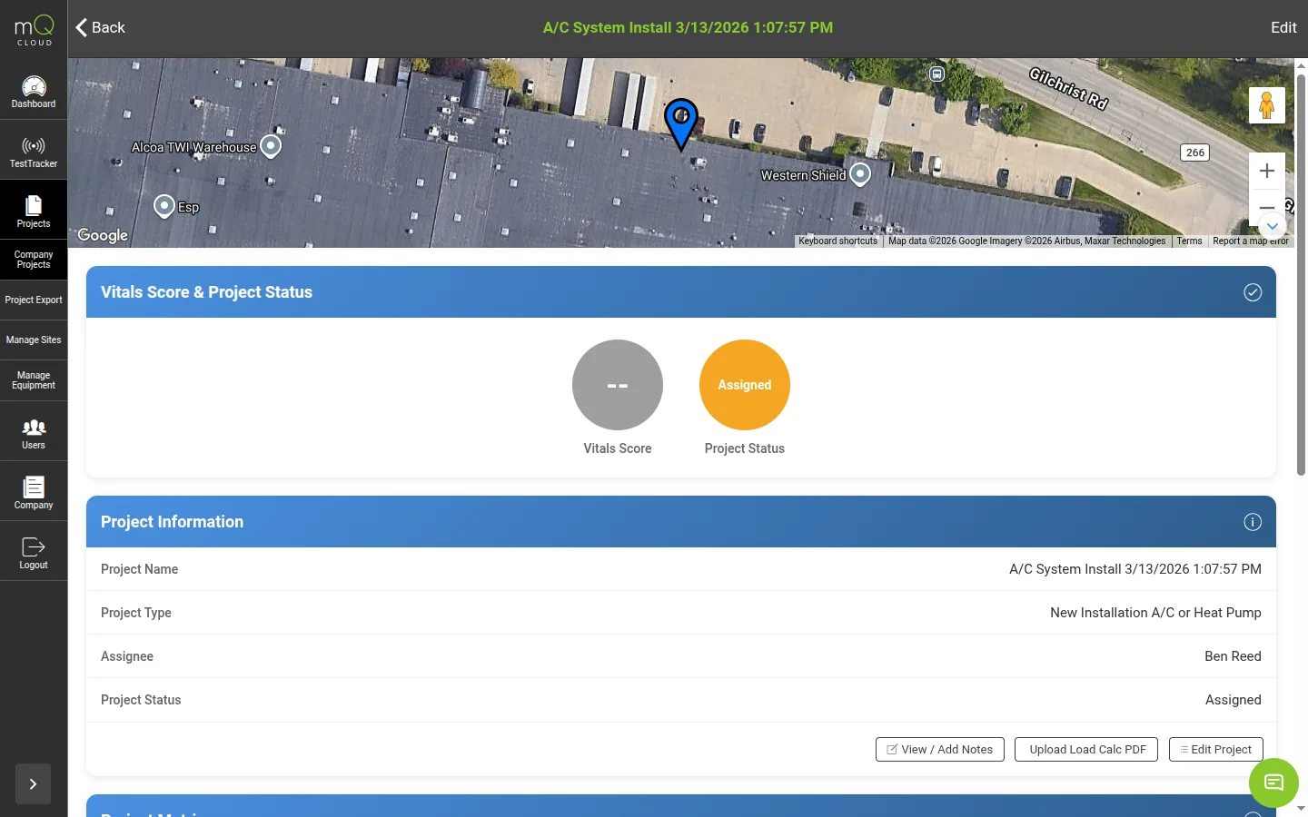 A measureQuick cloud job record, where the 30-second clip stays attached to the job alongside the photos and the report.