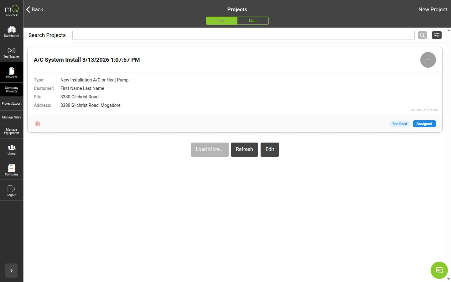 measureQuick cloud Projects list with searchable past jobs by customer, site, and address.