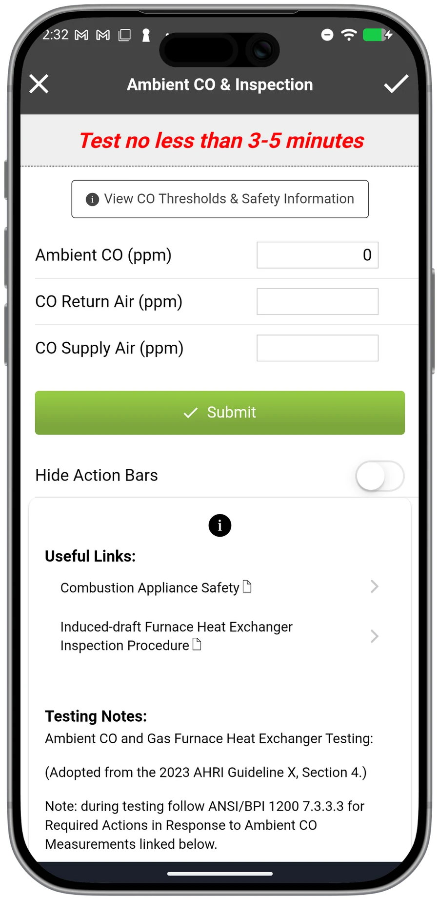 measureQuick's Ambient CO and combustion inspection screen — CO supply and return entry with safety thresholds and procedure links.
