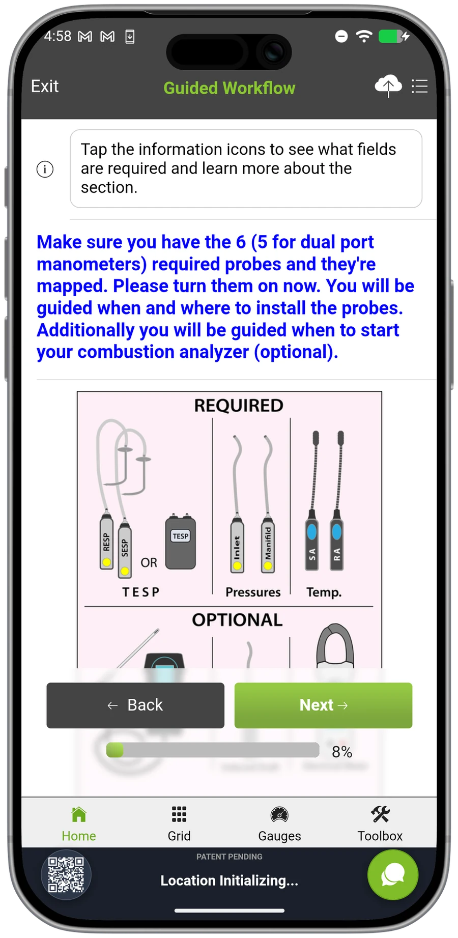 Gas workflow probe setup showing required pressure and temperature probes and an optional combustion analyzer