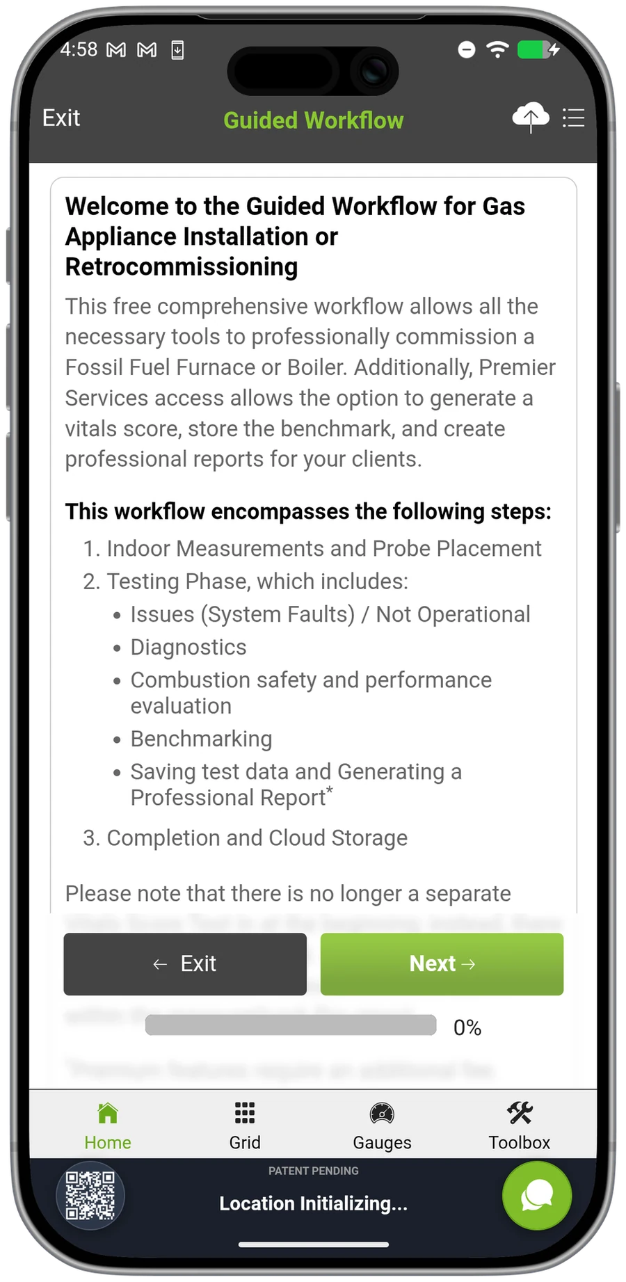 measureQuick gas appliance workflow welcome screen describing free commissioning and Premier Services options
