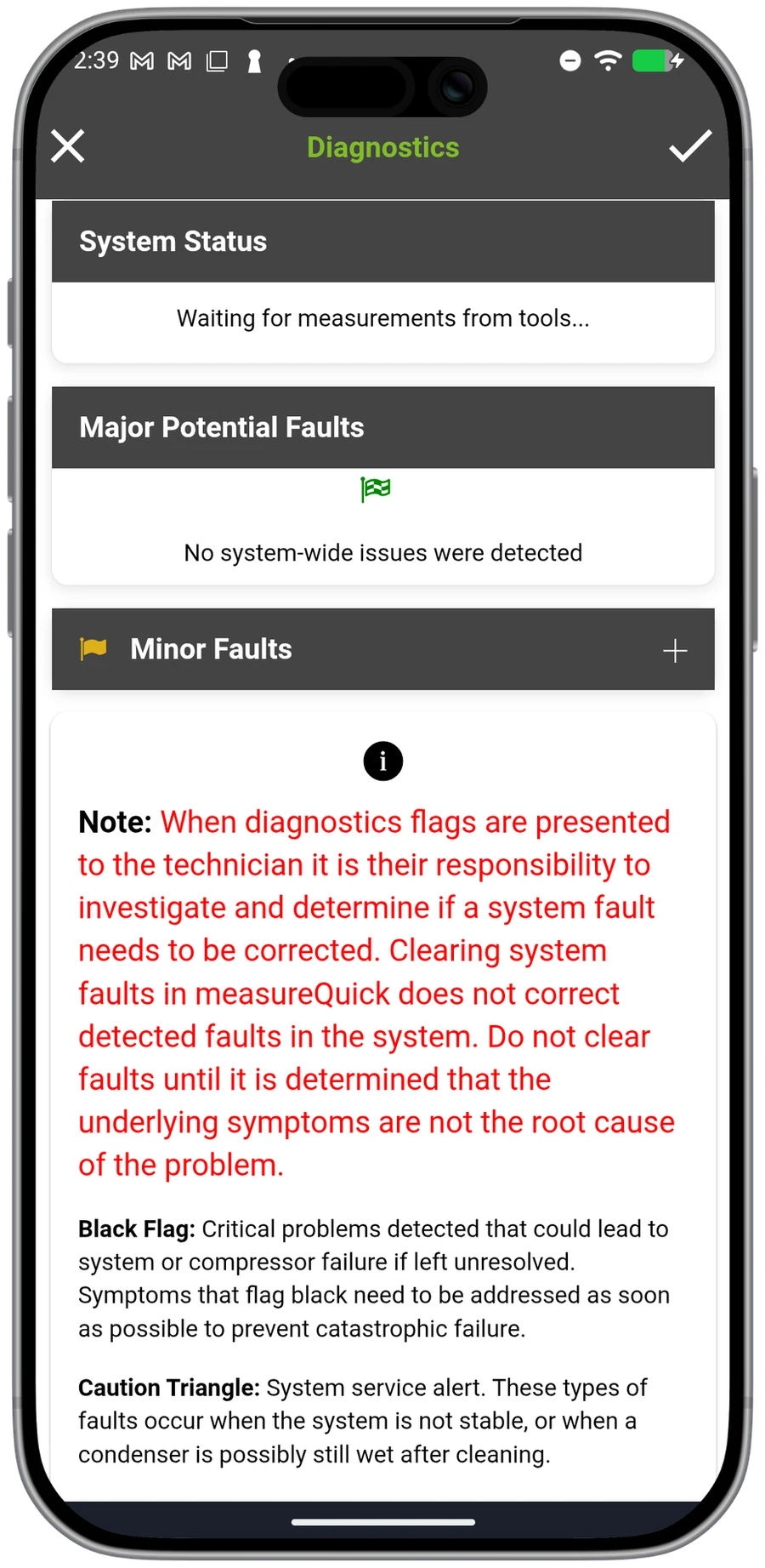 measureQuick heating-mode diagnostics for a heat pump — system status with major and minor fault detection.