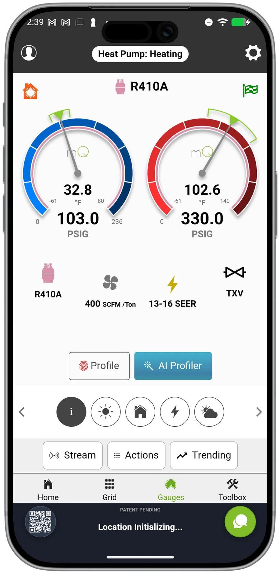 measureQuick's Heat Pump: Heating gauges scoring the heating-side refrigerant and air-side performance against the real outdoor conditions.