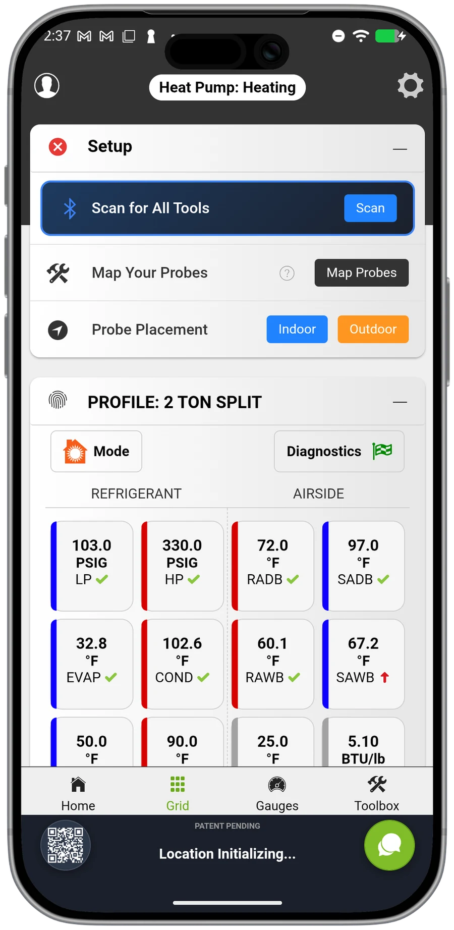 measureQuick's Heat Pump: Heating grid with live refrigerant and air-side readings checked against the system profile.