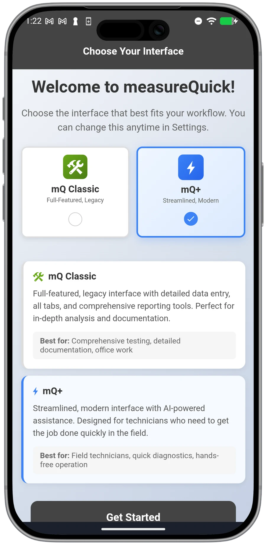 measureQuick's Interface Chooser offering the classic mQ and the streamlined, modern mQ+ interfaces.