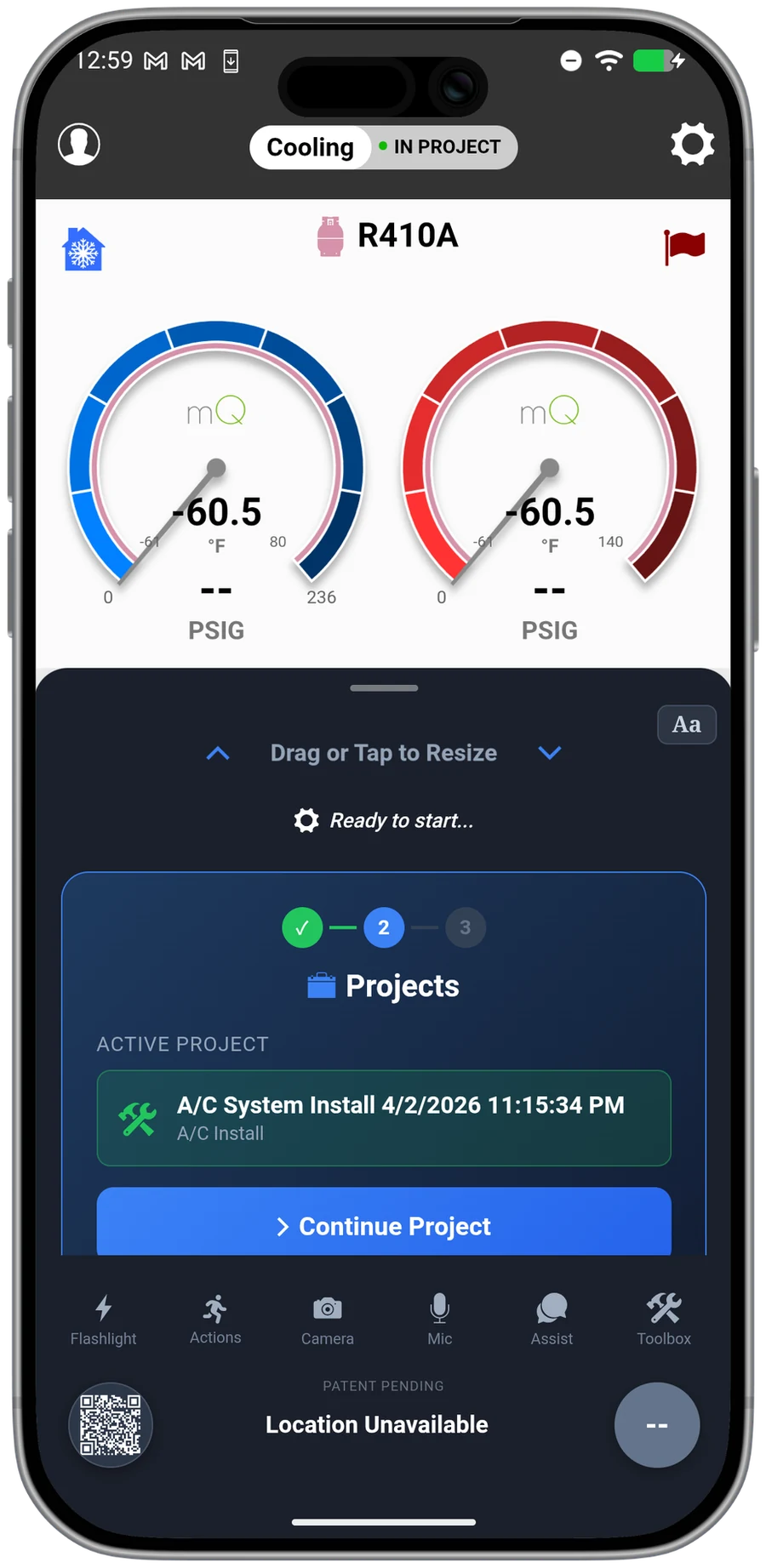 Phone held one-handed showing the mQ+ bottom navigation drawer with flashlight, camera, microphone, AI Assist, and toolbox icons.