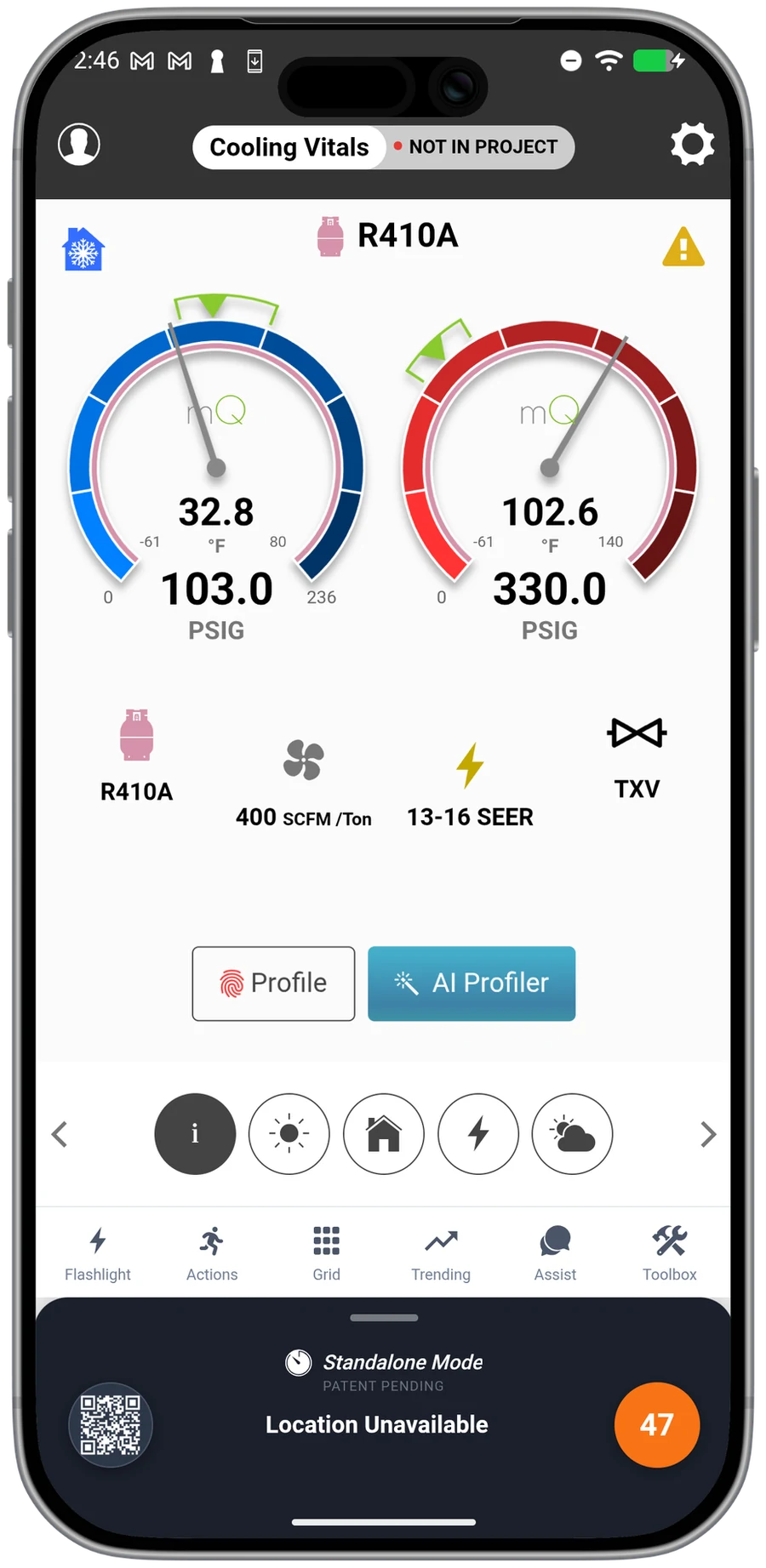 mQ+ running a full diagnostic in Standalone mode with location unavailable — the whole workflow with no connection.