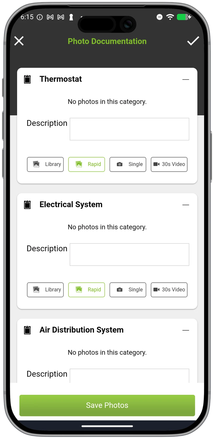 measureQuick's photo-documentation checklist — thermostat, electrical, and air-distribution photos captured to the job.