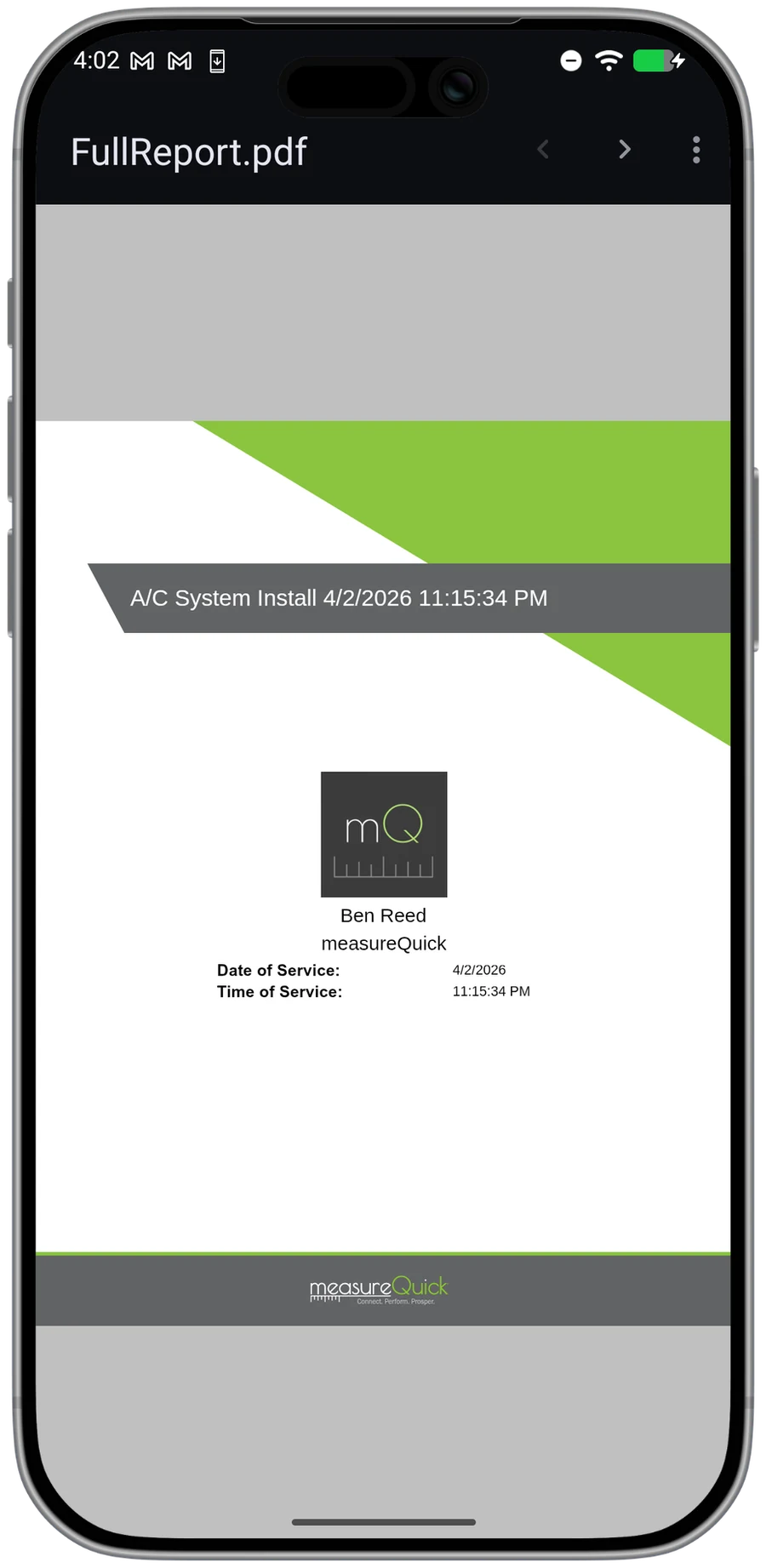 A measureQuick PDF service report under the contractor's brand.