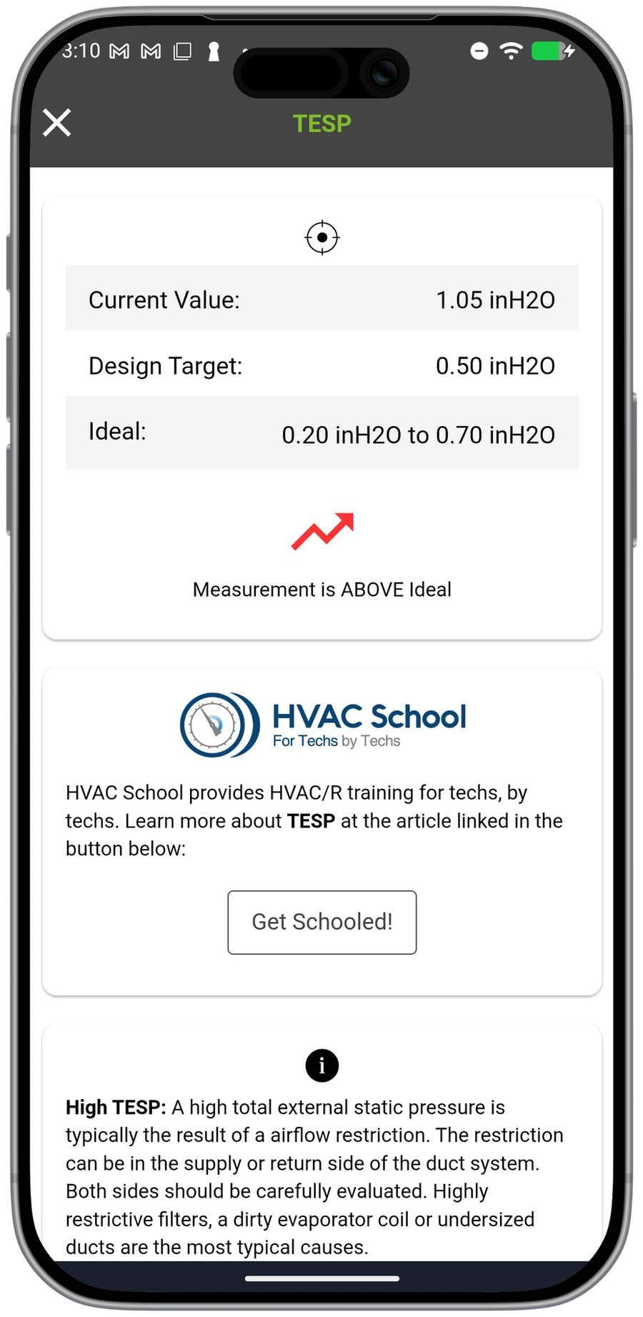 measureQuick's TESP detail — total external static pressure measured against the design target and ideal range.