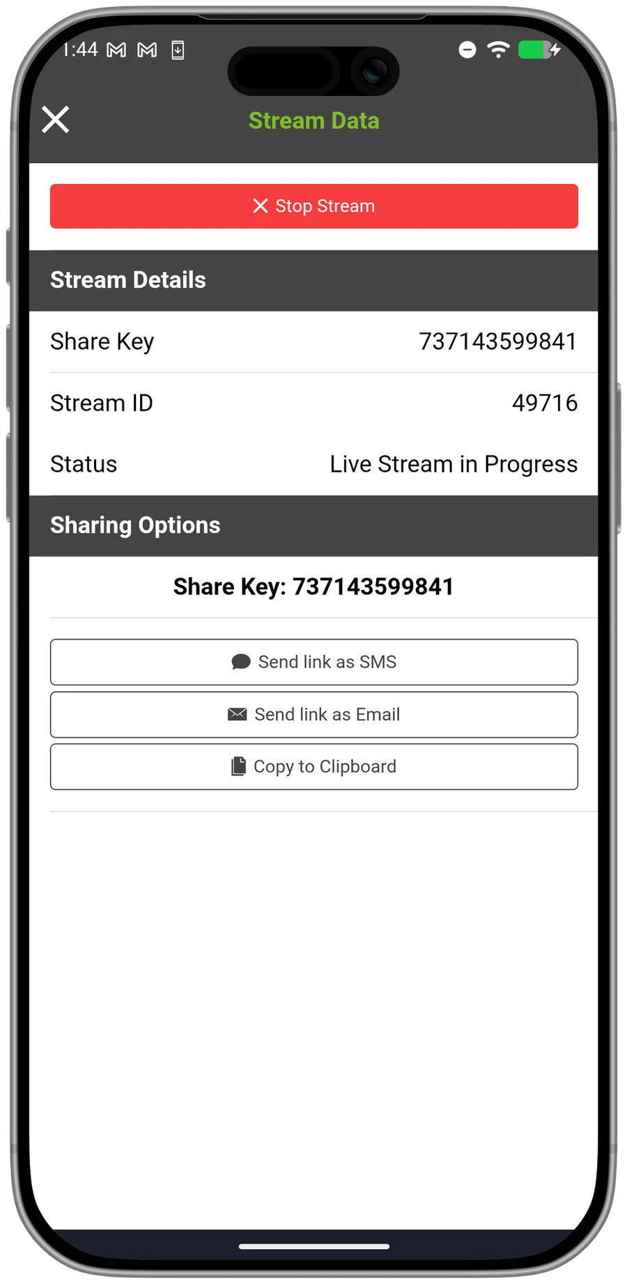 measureQuick streaming a live diagnostic — stream in progress, shared to the office by a send-link key.