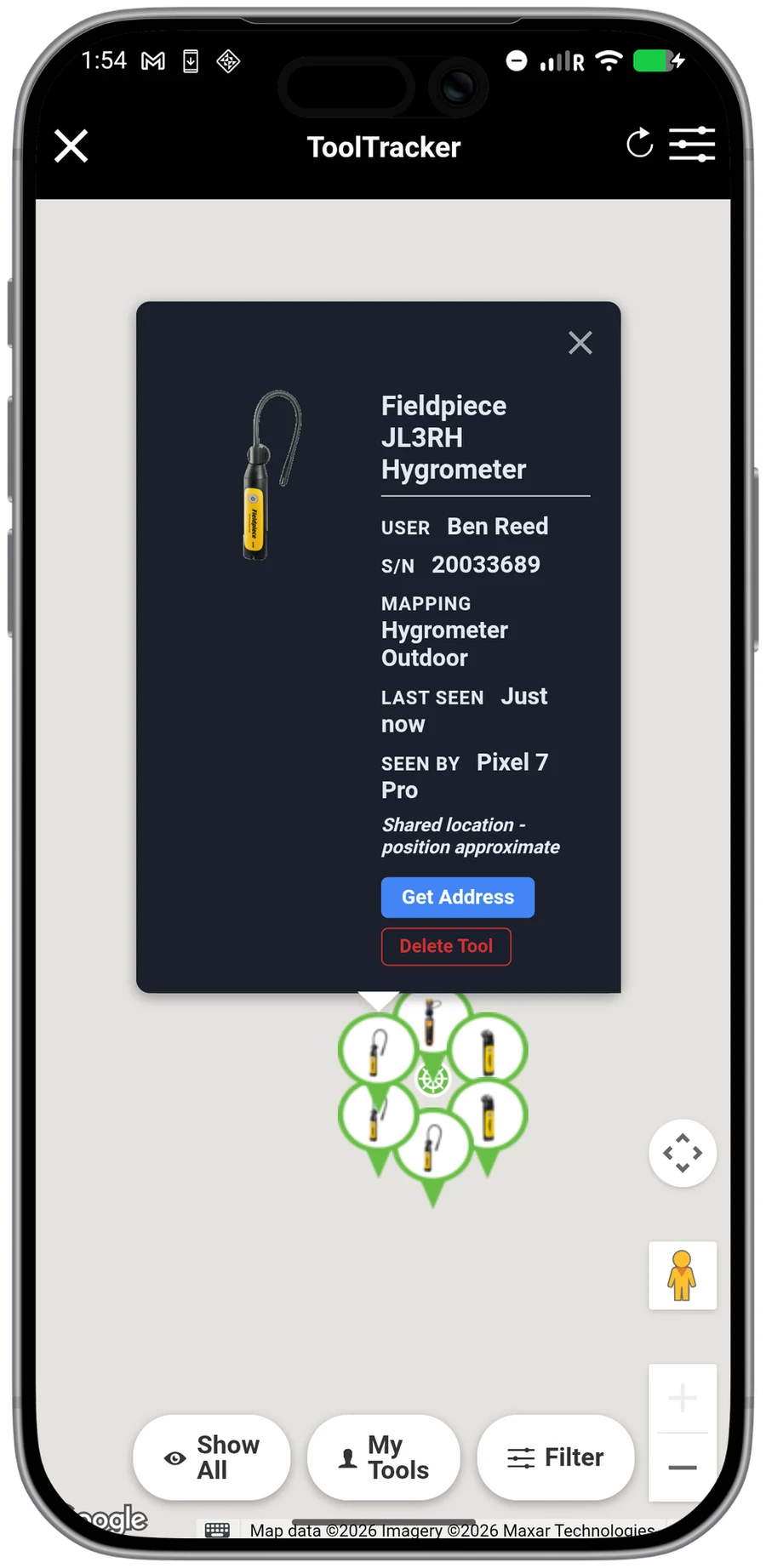 Tool detail card in measureQuick showing make, model, and serial number alongside the last-seen technician, time, and map location.