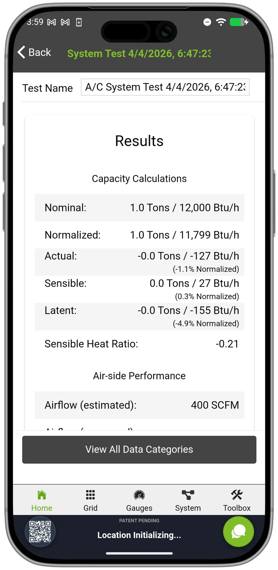 measureQuick capacity results showing actual readings normalized to rated conditions.