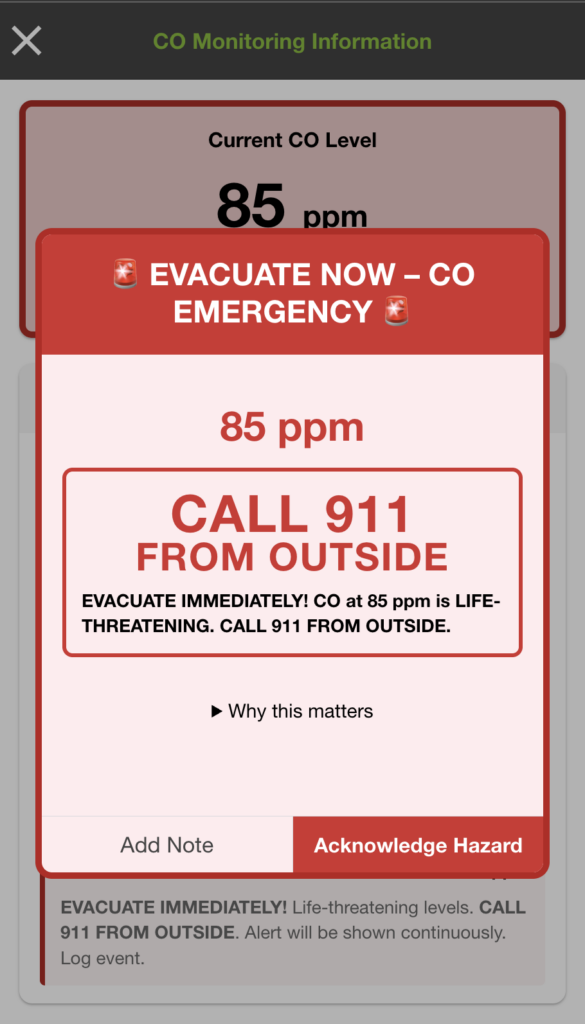 measureQuick CO monitoring alert screen showing elevated carbon monoxide warning