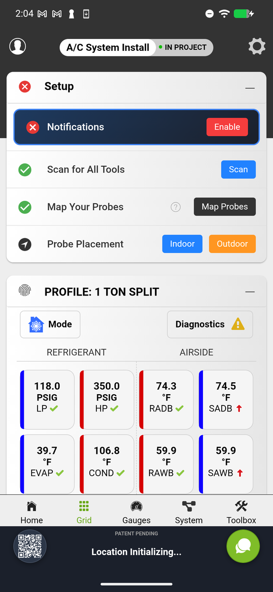 mQ Classic interface showing grid view with live readings from connected instruments