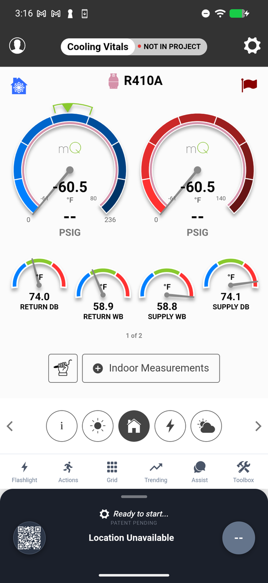 mQ+ interface with bottom navigation drawer showing flashlight, camera, mic, AI Assist, and toolbox icons