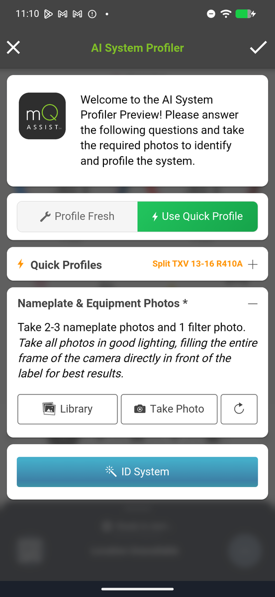 Quick Profile one-tap equipment selection screen
