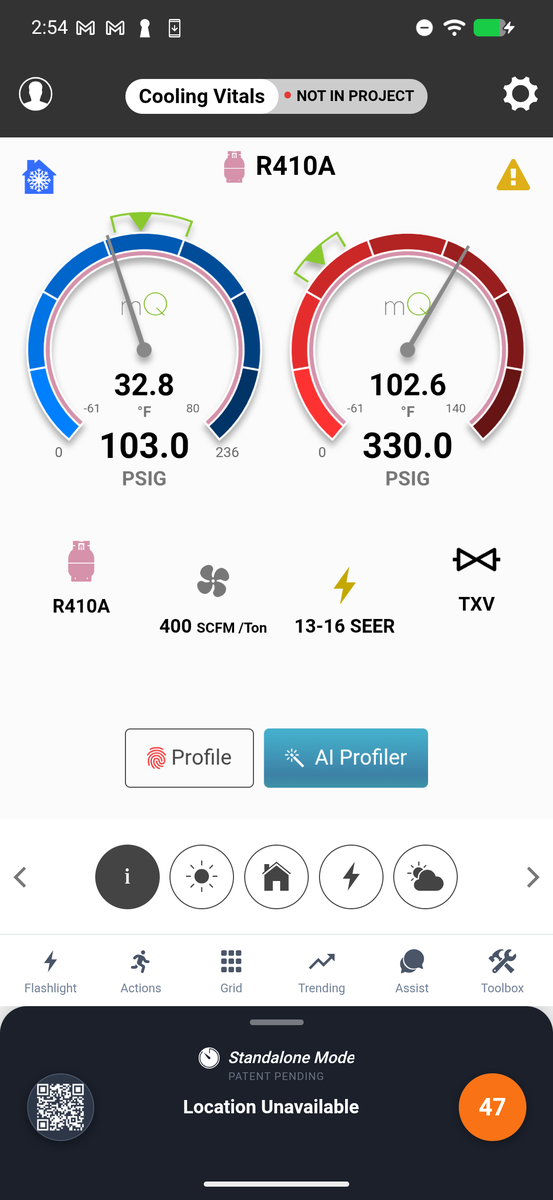 Standalone Mode in mQ+ showing live readings without network connection indicator