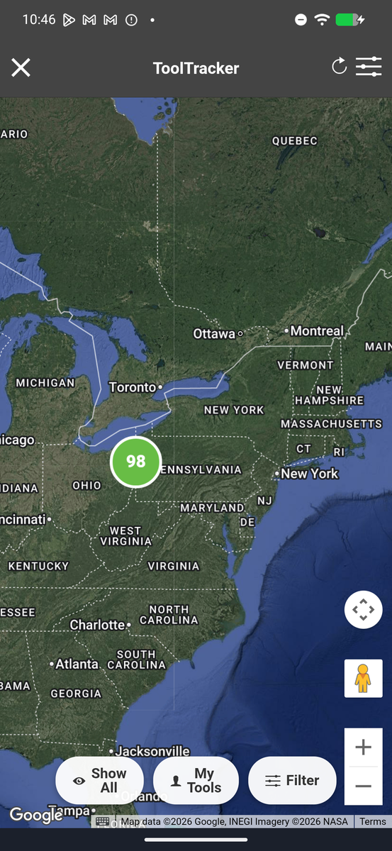 Tool Tracker map view showing instrument GPS locations